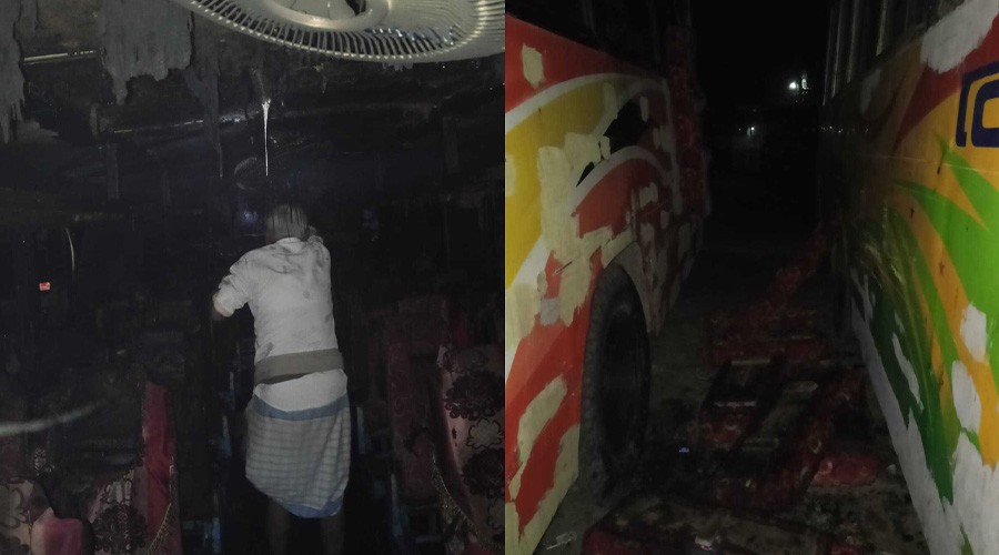 নোয়াখালীর সোনাপুর বাস টার্মিনালে থাকা বাসে আগুন